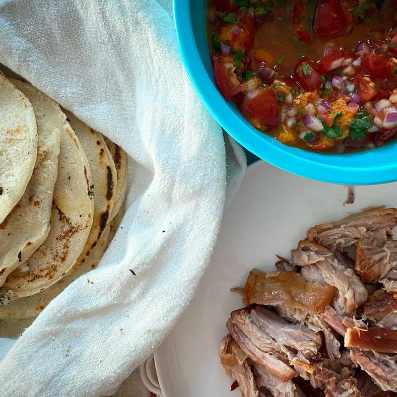 ๐ฎ๐ถ๐ slow roasted pork belly tacos with fresh corn tortillas and a homemade apricot, tomato, and Thai chili salsa