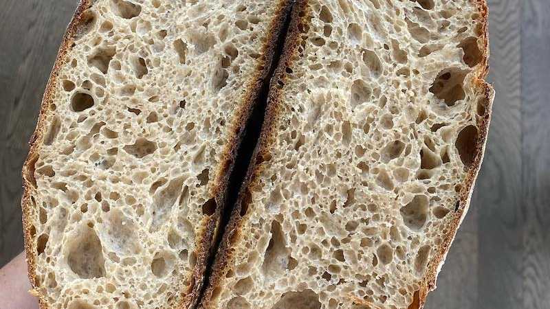 photo of completed recipe: My go-to recipe for a sourdough loaf. It’s a small loaf, but it’s the right amount for my small household. This is more of a note to my future self for…
