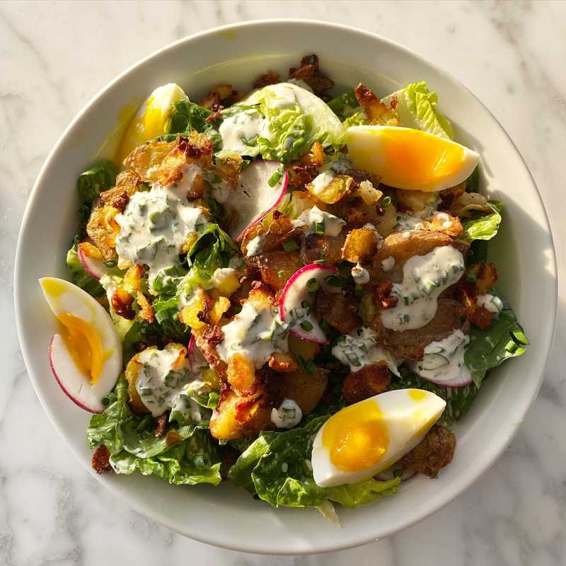 dinner salad inspired by both @hunkydorybk and @billclarkmakes - little gems, homemade ranch, crispy smashed potatoes, radishes and egg. ๐